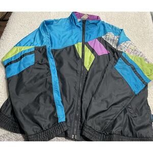 VTG Puma 80s Track Jacket Windbreaker Colorblock Neon Womens Medium Black Blue